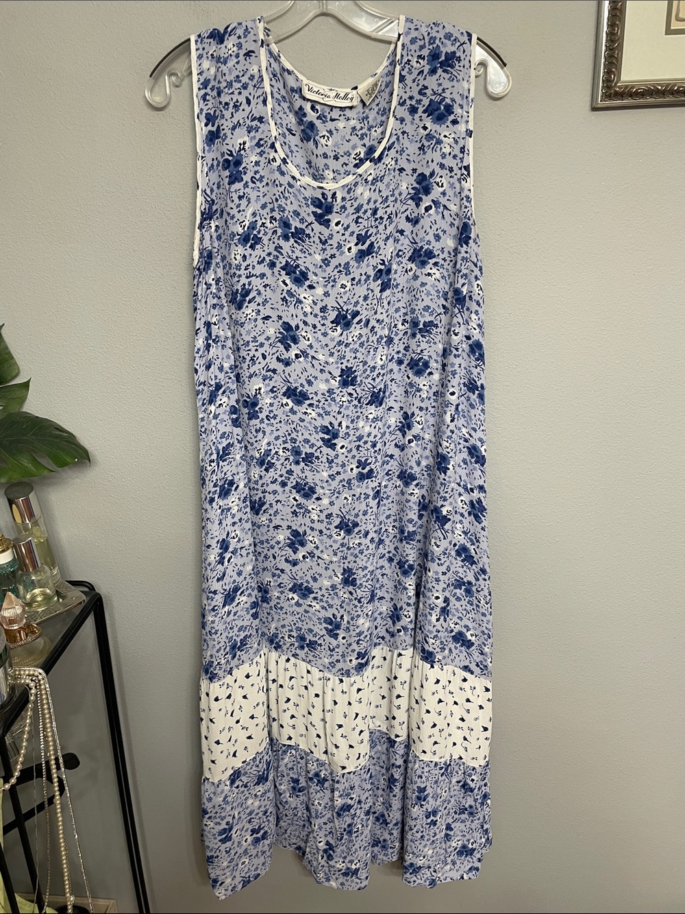 Vintage Cottage core Style Blue Floral Sleeveless MIDI Dress PL